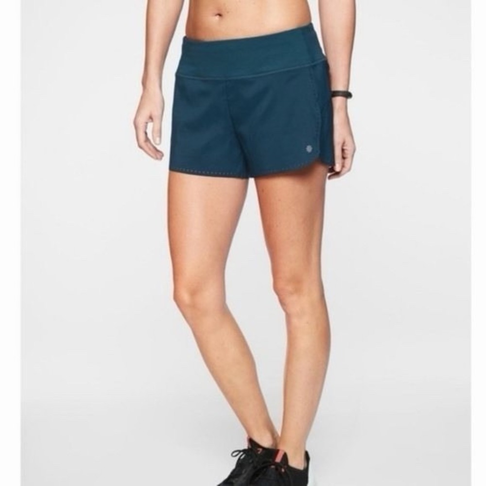 Athleta Ready Set Go Running Shorts Women XL Teal Blue Lined Zip Pocket